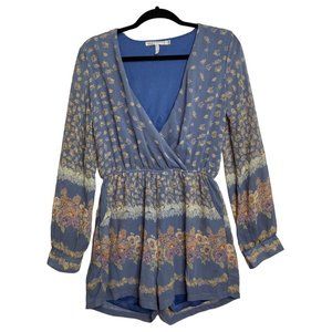 The Hanger Floral Romper Size Medium Baby Blue Long Sleeve Pockets Floral Shorts